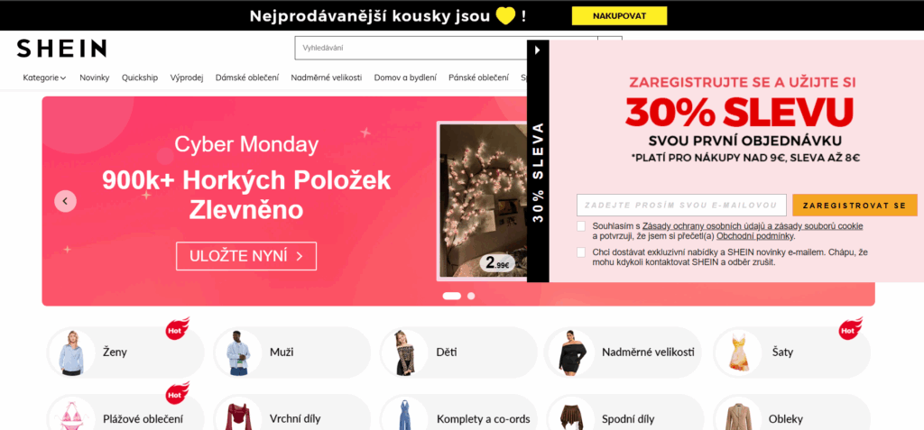 Shein se může pochlubit širokou nabídkou módního zboží - pro nově registrované navíc nabízí slevu.